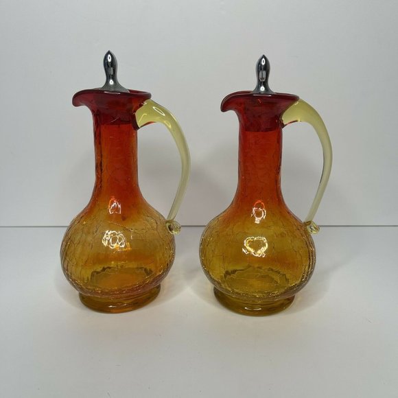 Other - Kanawha Amberina Crackle Glass Cruet Vinegar Oil Pitcher Cork & Metal Stoppers